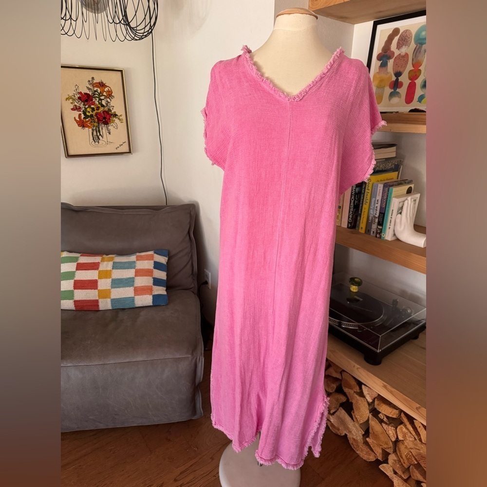 Venti6 Italian linen/cotton Bubblegum Pink Frayed Hem Maxi Dress